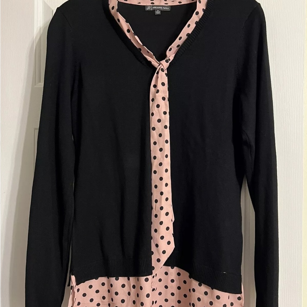 Adrianna Papell Sweater Top Women’s Medium Pink Black Polka Dot Knit Career Top - Picture 13 of 13